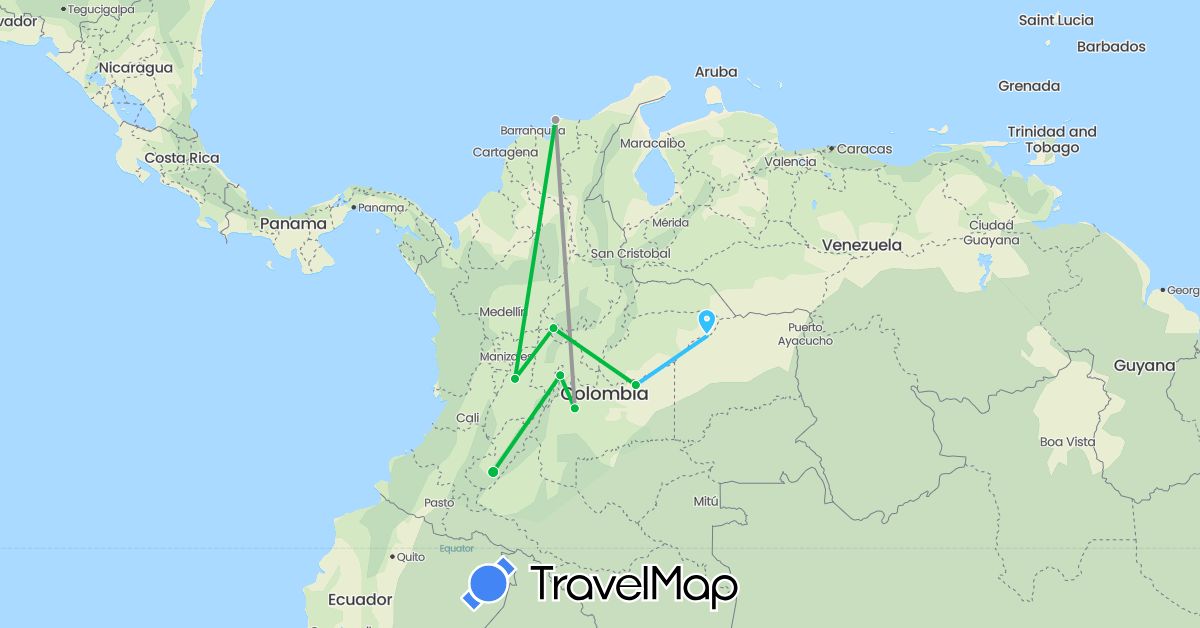 TravelMap itinerary: driving, bus, plane, boat in Colombia (South America)